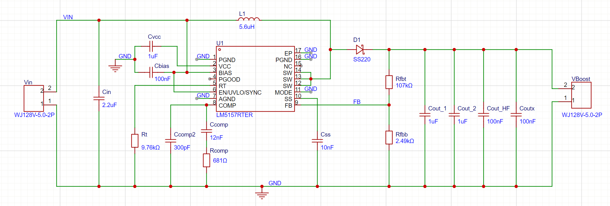 基于 LM5157 的 Boost 升压模块原理图