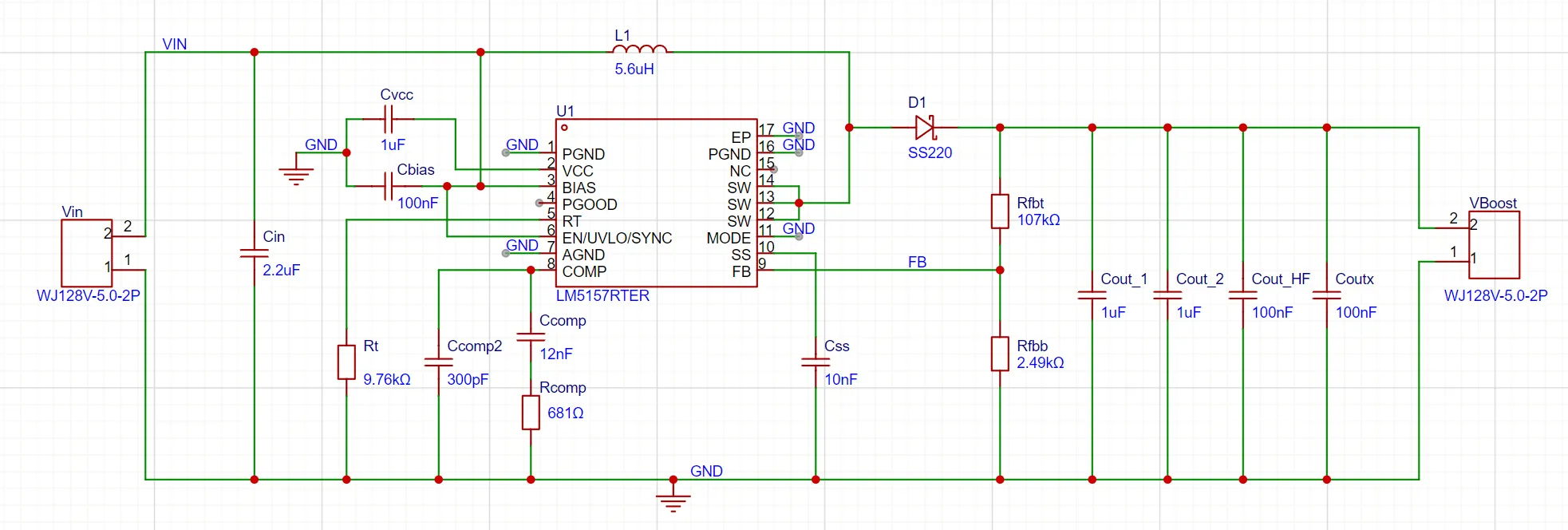 基于 LM5157 的 Boost 升压模块原理图