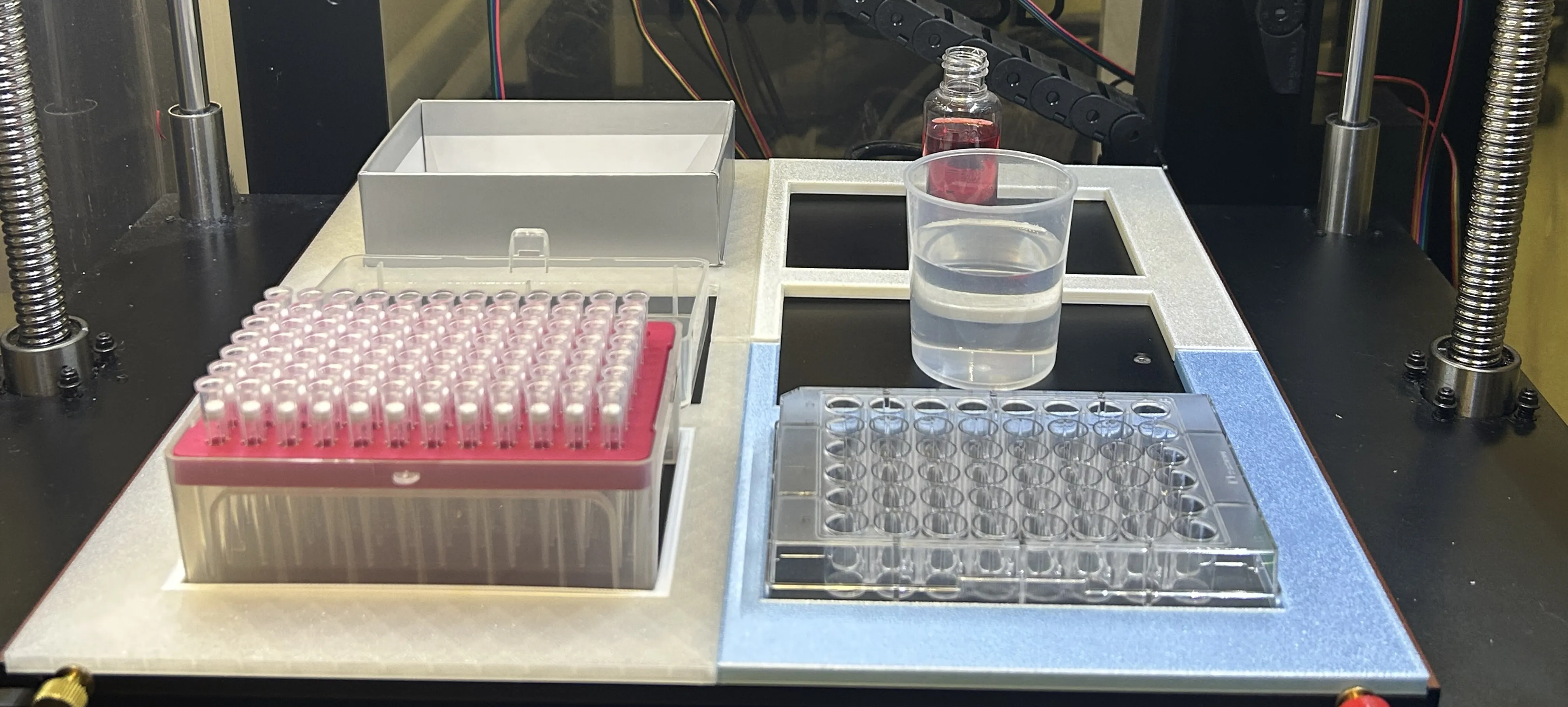 放入 tip rack、96 孔板、烧杯和试剂瓶后的 deck