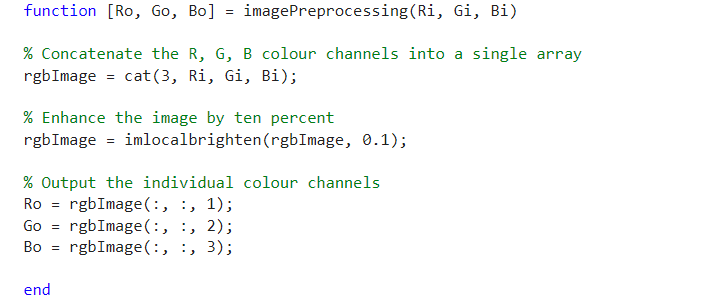 图像预处理函数截图，展示把 RGB 合并、增亮再拆分的流程