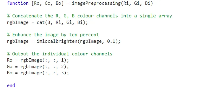 图像预处理函数截图，展示把 RGB 合并、增亮再拆分的流程
